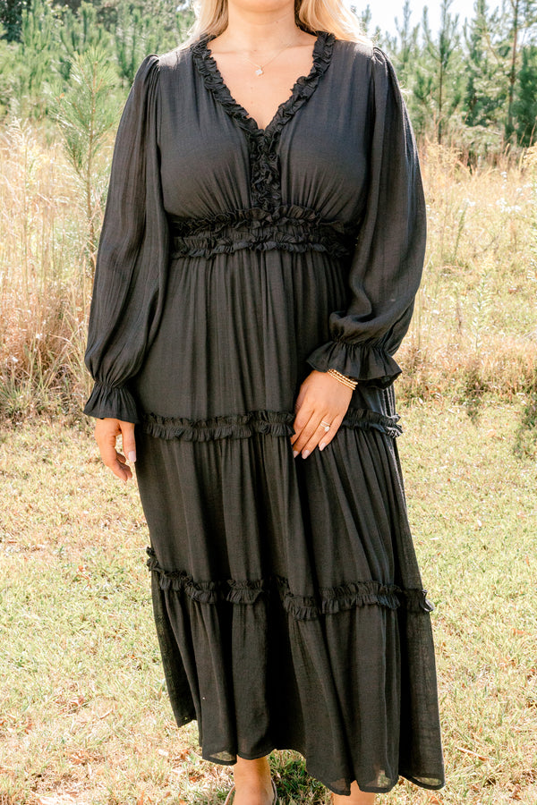Chic Soul plus size clothing, black long sleeve tiered maxi dress
