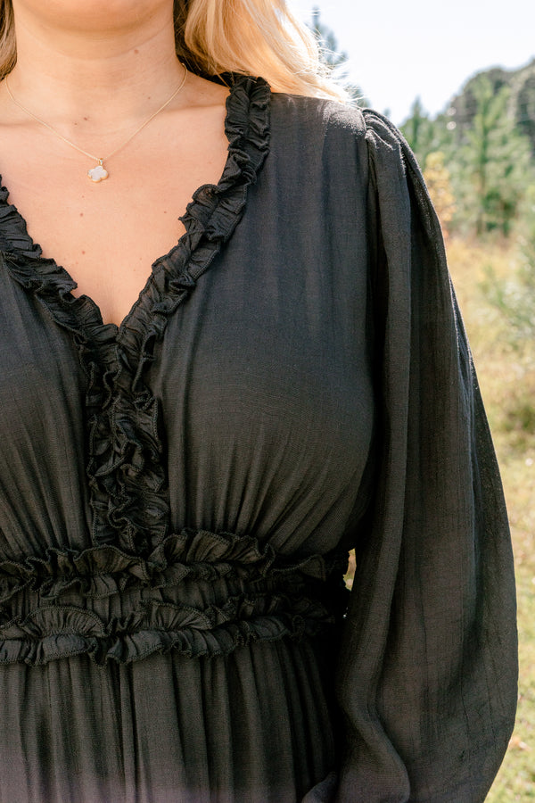 Chic Soul plus size clothing, black long sleeve tiered maxi dress