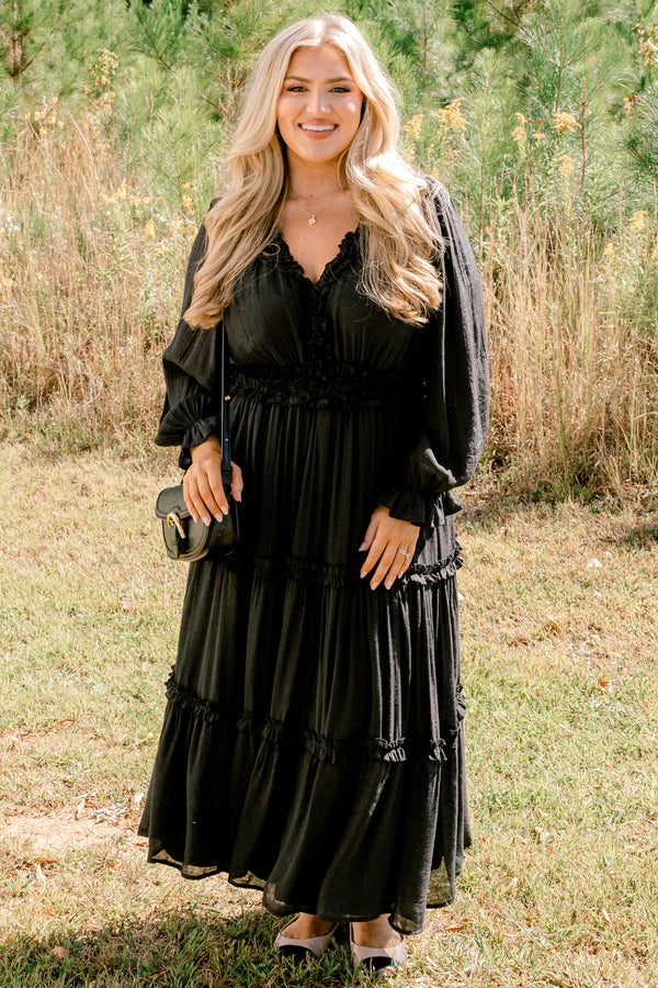 Chic Soul plus size clothing, black long sleeve tiered maxi dress