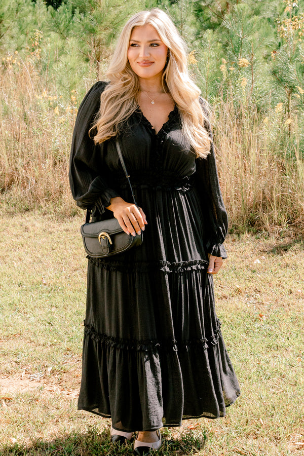 Chic Soul plus size clothing, black long sleeve tiered maxi dress