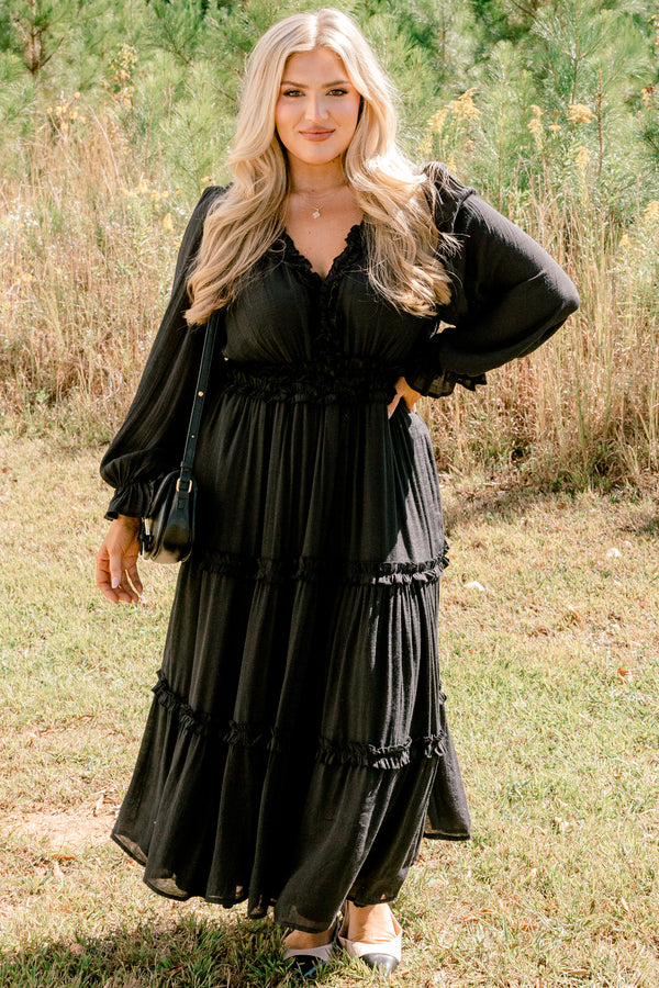Chic Soul plus size clothing, black long sleeve tiered maxi dress
