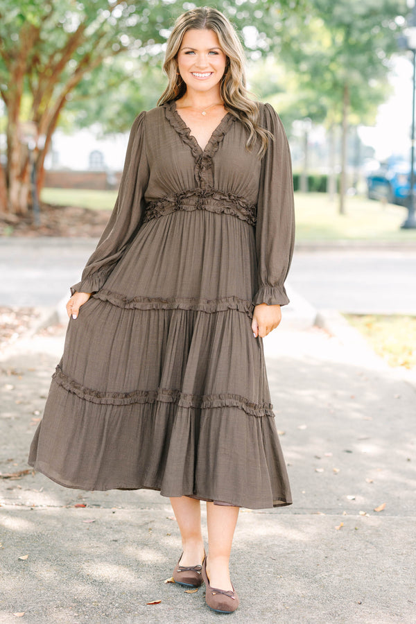 Plus Size brown tiered midi dress with long sleeves, a ruffled V-neckline, and smocked waist.