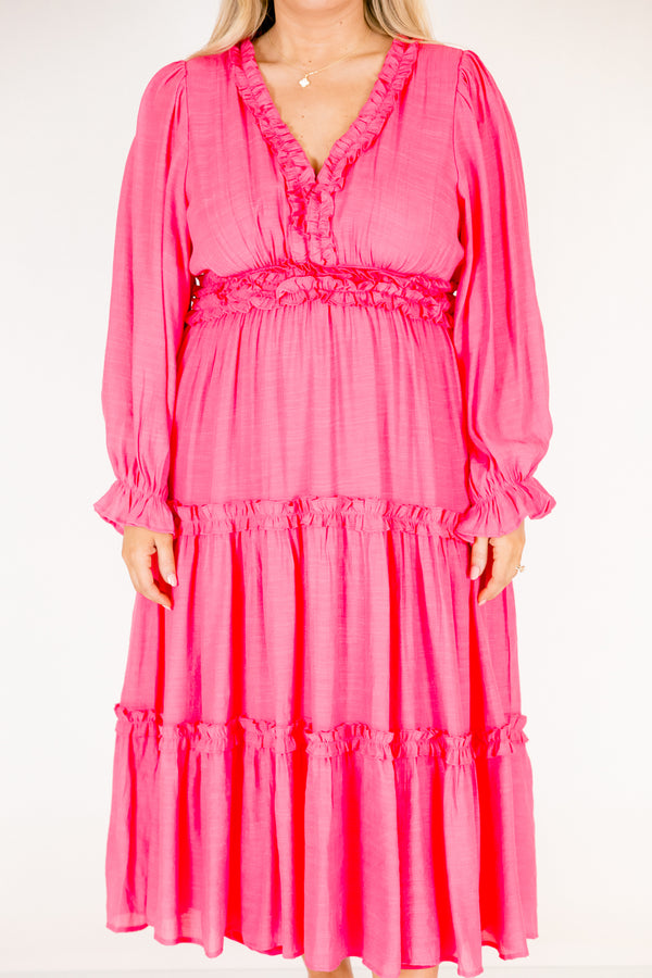 Chic Soul plus size clothing, hot pink long sleeve midi dress with tiered skirt and ruffles along the v-neckline and waistline
