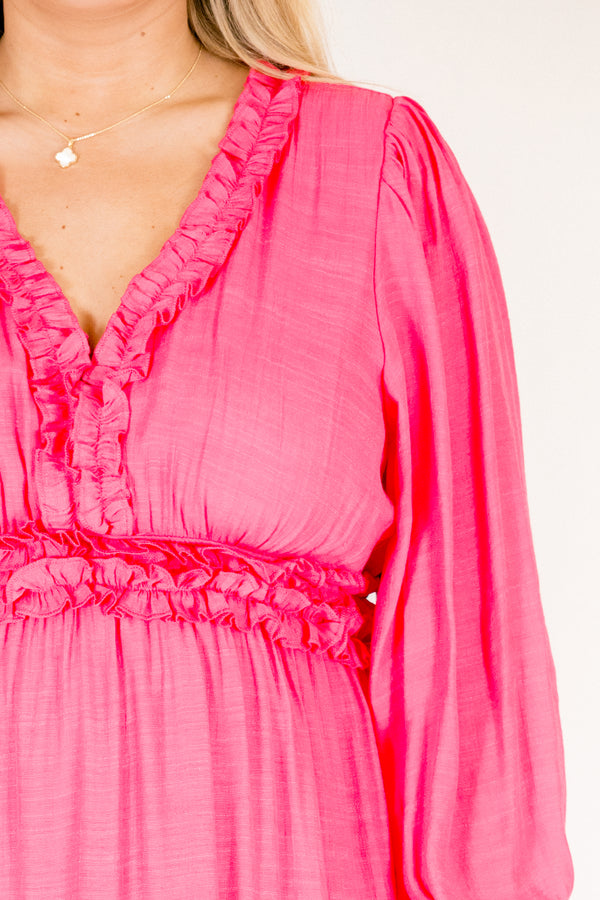 Chic Soul plus size clothing, hot pink long sleeve midi dress with tiered skirt and ruffles along the v-neckline and waistline