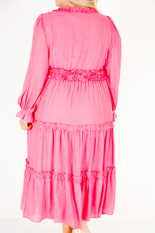 Chic Soul plus size clothing, hot pink long sleeve midi dress with tiered skirt and ruffles along the v-neckline and waistline
