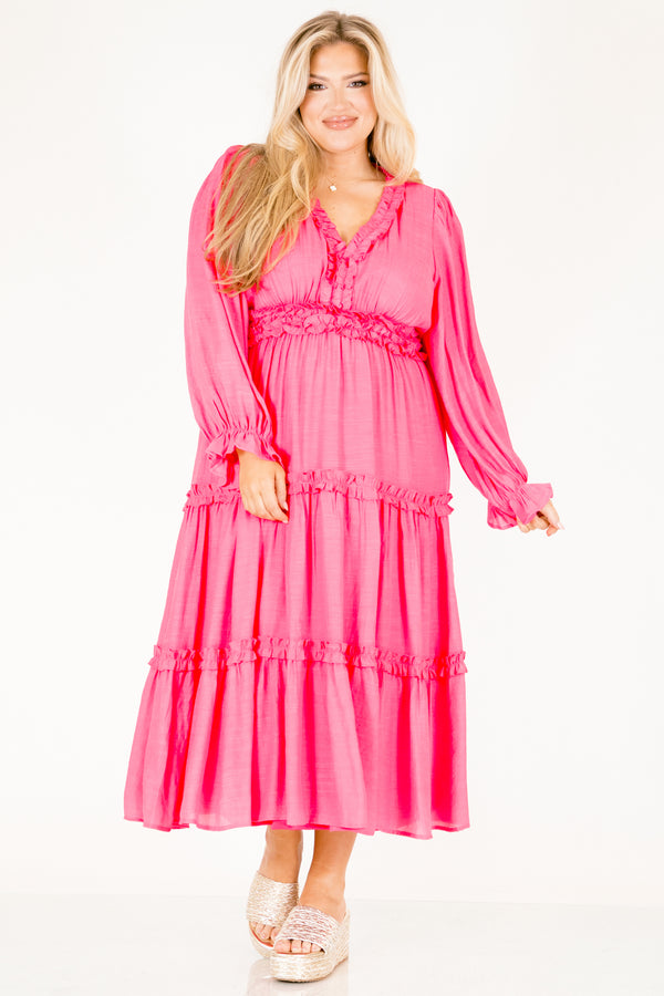 Chic Soul plus size clothing, hot pink long sleeve midi dress with tiered skirt and ruffles along the v-neckline and waistline