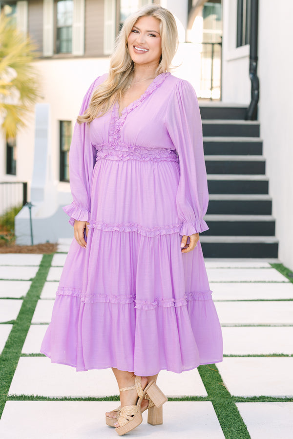 Chic Soul plus size clothing, lavender maxi dress with long bubble sleeves that have a ruffle detail at the ends of them as well as ruffle detailing on the tiers of the dress around the waist and going along the v-neckline 