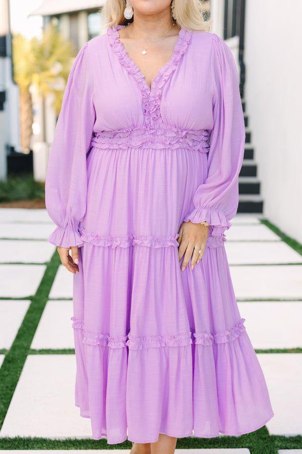 Chic Soul plus size clothing, lavender maxi dress with long bubble sleeves that have a ruffle detail at the ends of them as well as ruffle detailing on the tiers of the dress around the waist and going along the v-neckline 