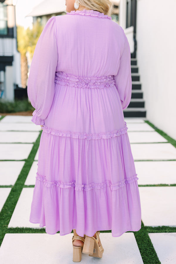 Chic Soul plus size clothing, lavender maxi dress with long bubble sleeves that have a ruffle detail at the ends of them as well as ruffle detailing on the tiers of the dress around the waist and going along the v-neckline 