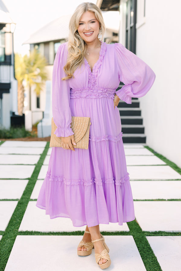 Chic Soul plus size clothing, lavender maxi dress with long bubble sleeves that have a ruffle detail at the ends of them as well as ruffle detailing on the tiers of the dress around the waist and going along the v-neckline 