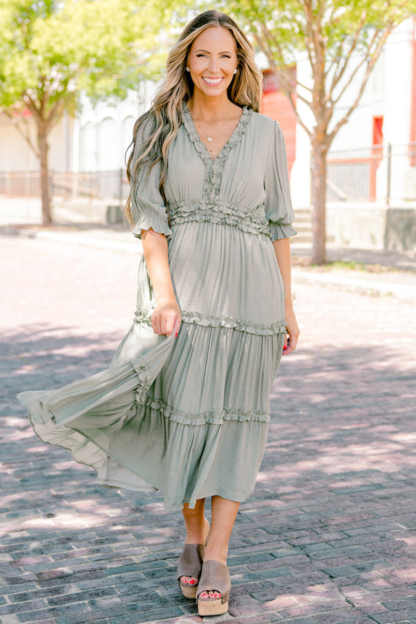Chic Soul Plus size clothing,  olive tiered maxi dress with ruffle details on each tier and on the v-neckline 
