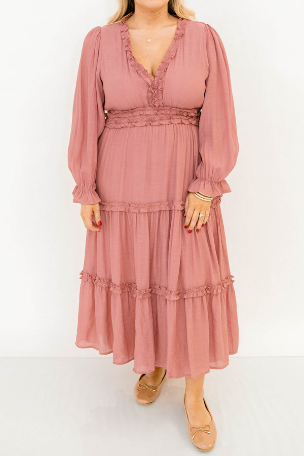 Chic Soul plus size clothing, blush pink long sleeve tiered v-neck maxi dress with ruffle detailing