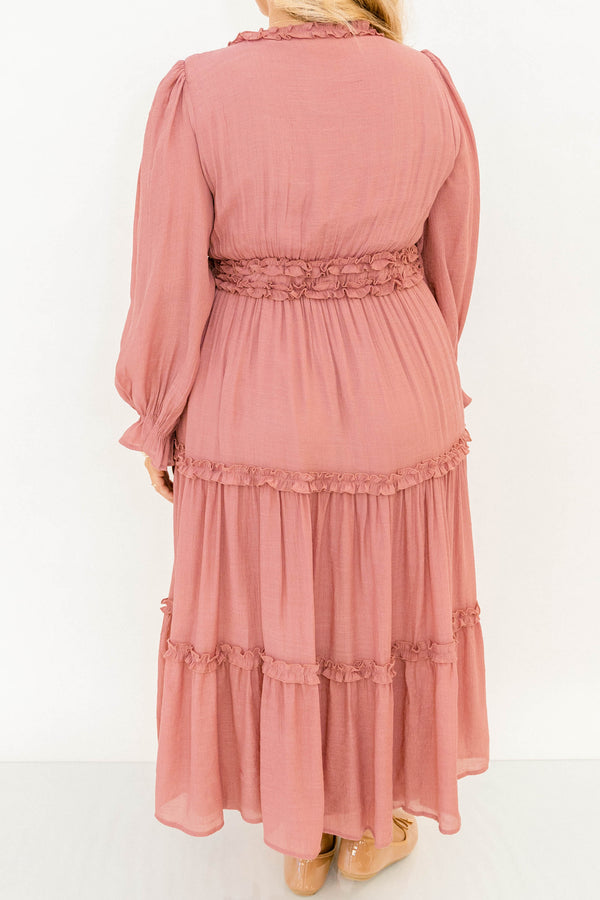Chic Soul plus size clothing, blush pink long sleeve tiered v-neck maxi dress with ruffle detailing