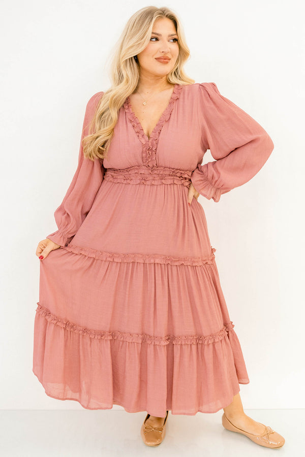 Chic Soul plus size clothing, blush pink long sleeve tiered v-neck maxi dress with ruffle detailing