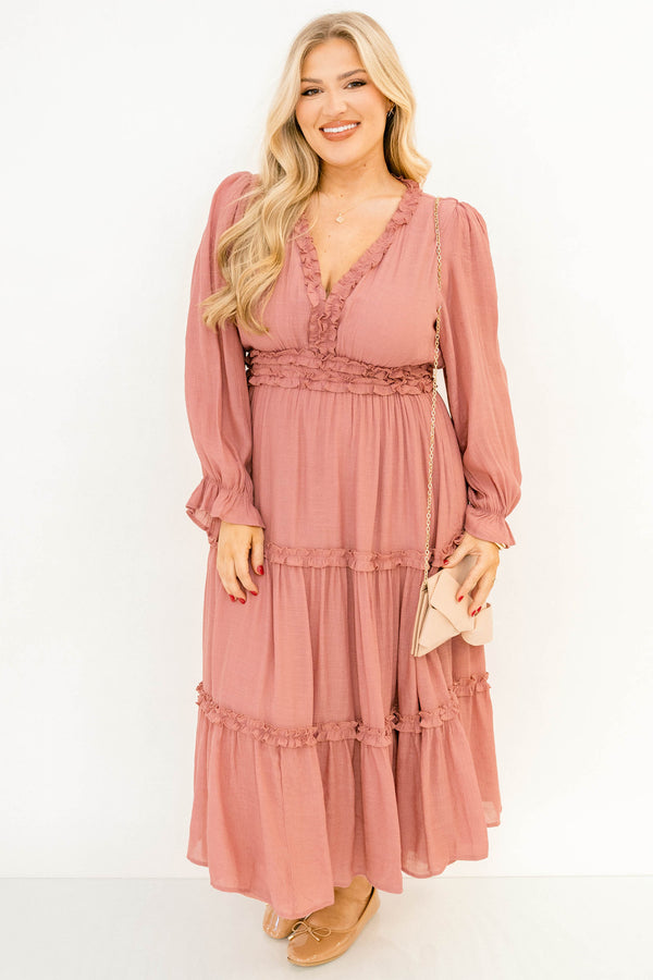 Chic Soul plus size clothing, blush pink long sleeve tiered v-neck maxi dress with ruffle detailing