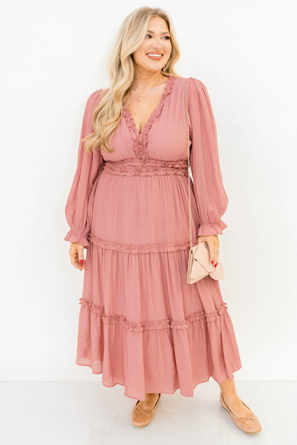 Chic Soul plus size clothing, blush pink long sleeve tiered v-neck maxi dress with ruffle detailing