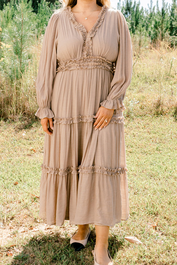 Chic Soul plus size clothing, tan long sleeve tiered maxi dress with ruffle detailing