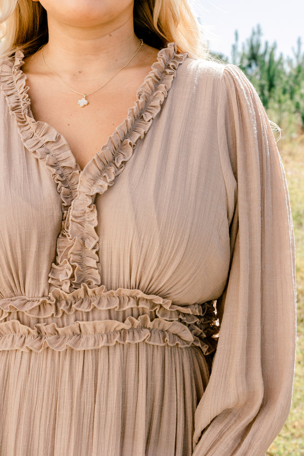 Chic Soul plus size clothing, tan long sleeve tiered maxi dress with ruffle detailing