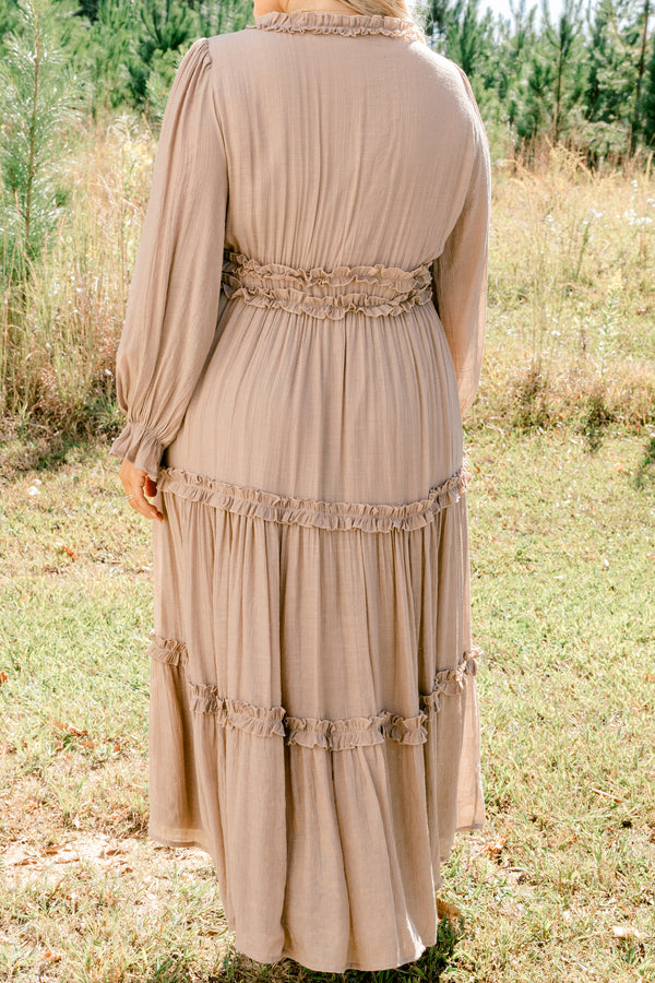 Chic Soul plus size clothing, tan long sleeve tiered maxi dress with ruffle detailing
