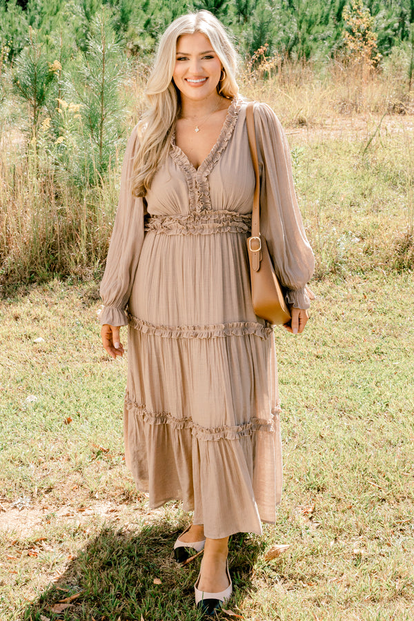 Chic Soul plus size clothing, tan long sleeve tiered maxi dress with ruffle detailing