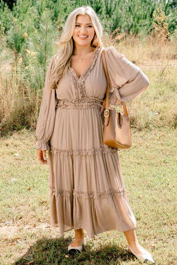 Chic Soul plus size clothing, tan long sleeve tiered maxi dress with ruffle detailing