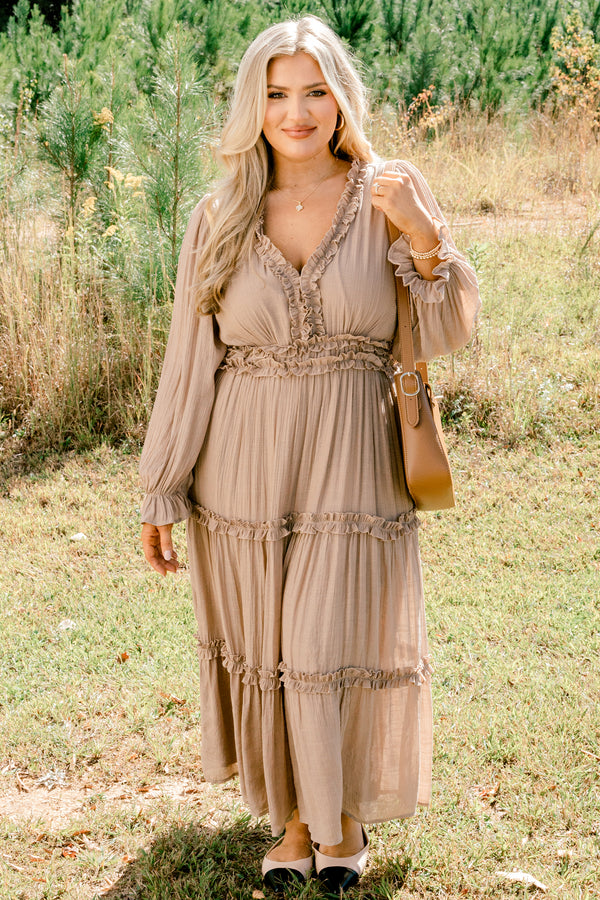 Chic Soul plus size clothing, tan long sleeve tiered maxi dress with ruffle detailing
