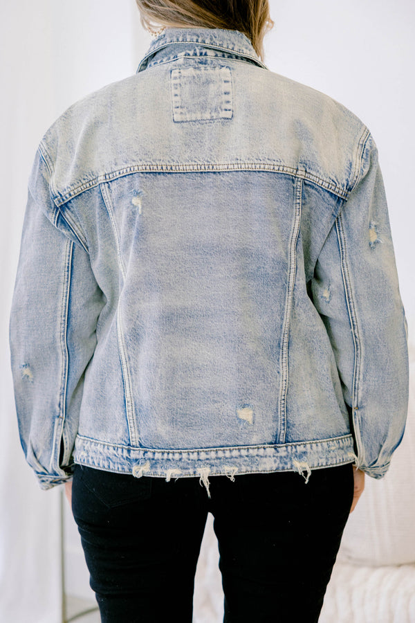 Chic Soul plus size clothing, long-sleeve light-wash light blue denim jacket with button front and chest pockets