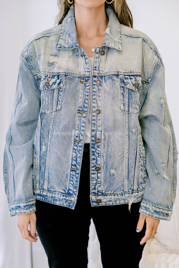 Chic Soul plus size clothing, long-sleeve light-wash light blue denim jacket with button front and chest pockets