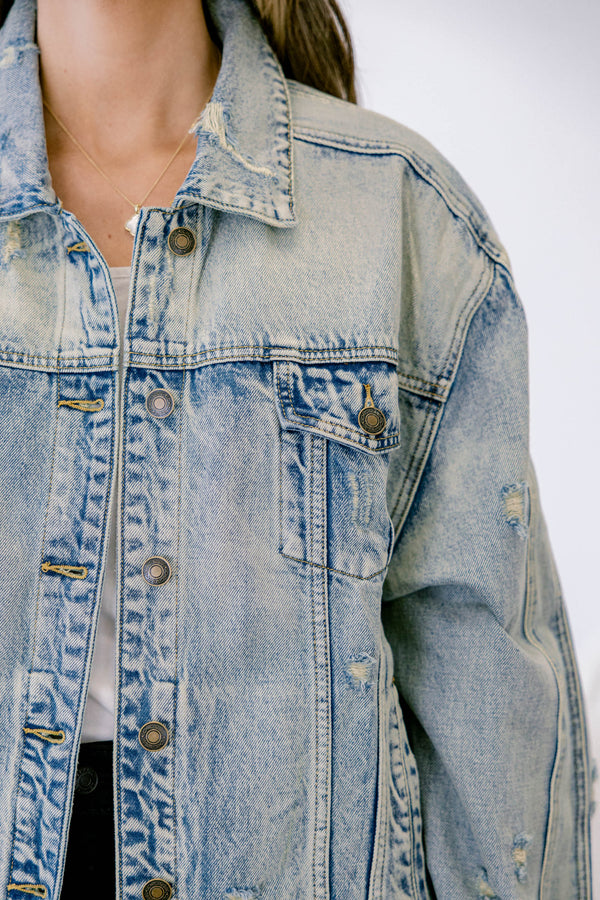 Chic Soul plus size clothing, long-sleeve light-wash light blue denim jacket with button front and chest pockets