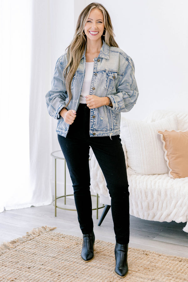 Chic Soul plus size clothing, long-sleeve light-wash light blue denim jacket with button front and chest pockets