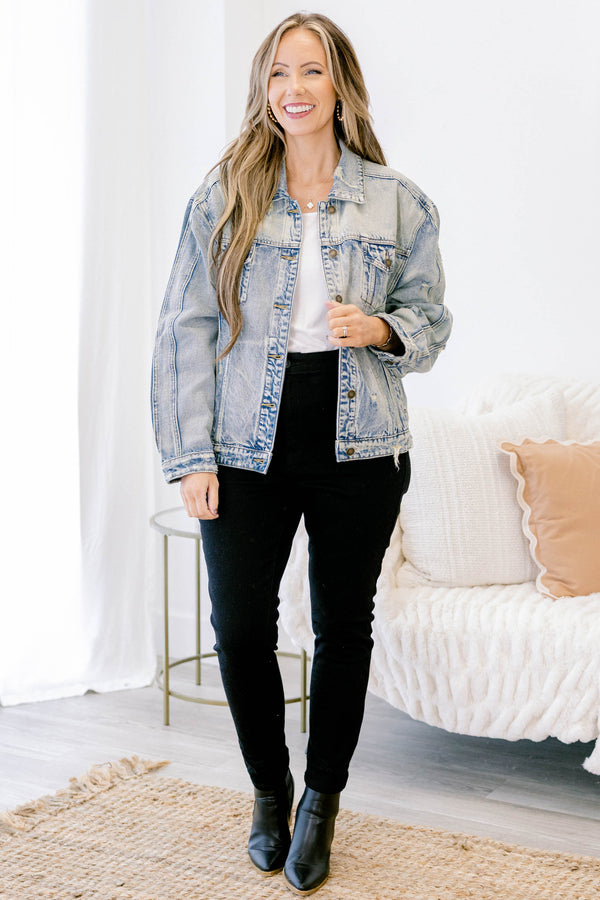 Chic Soul plus size clothing, long-sleeve light-wash light blue denim jacket with button front and chest pockets