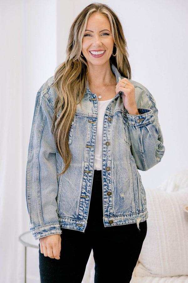 Chic Soul plus size clothing, long-sleeve light-wash light blue denim jacket with button front and chest pockets