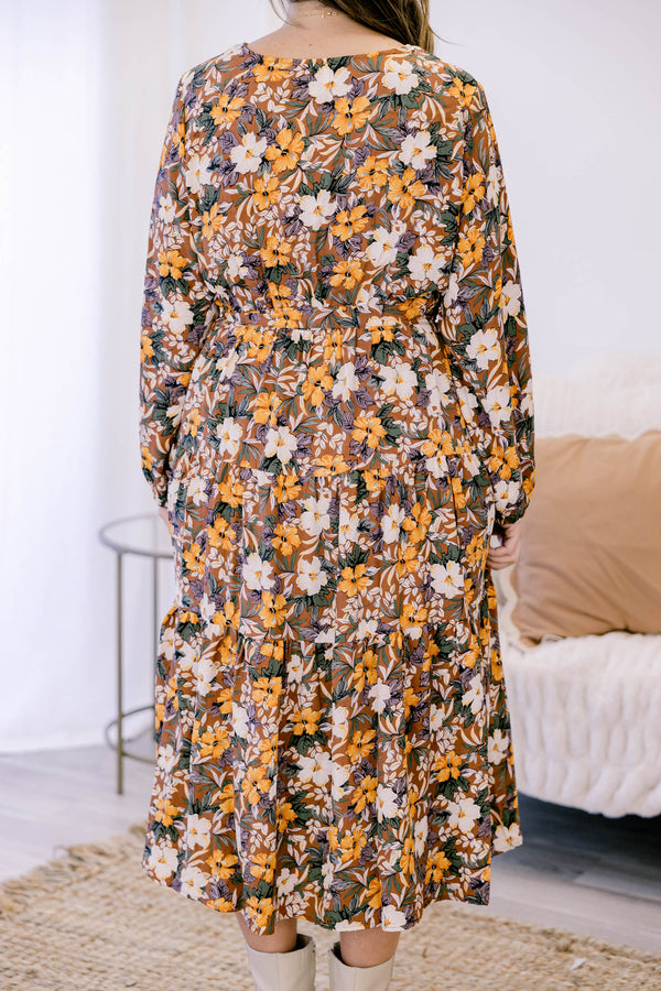 Chic Soul plus size clothing, brown and yellow multi color floral print long sleeve flowy midi dress with v neckline 
