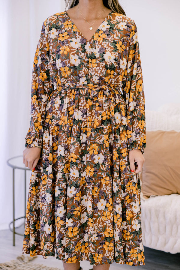 Chic Soul plus size clothing, brown and yellow multi color floral print long sleeve flowy midi dress with v neckline 
