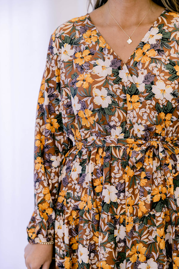 Chic Soul plus size clothing, brown and yellow multi color floral print long sleeve flowy midi dress with v neckline 