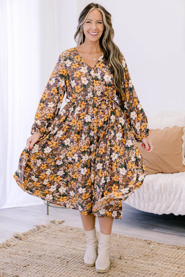 Chic Soul plus size clothing, brown and yellow multi color floral print long sleeve flowy midi dress with v neckline 