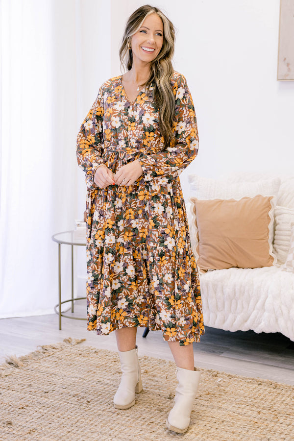 Chic Soul plus size clothing, brown and yellow multi color floral print long sleeve flowy midi dress with v neckline 