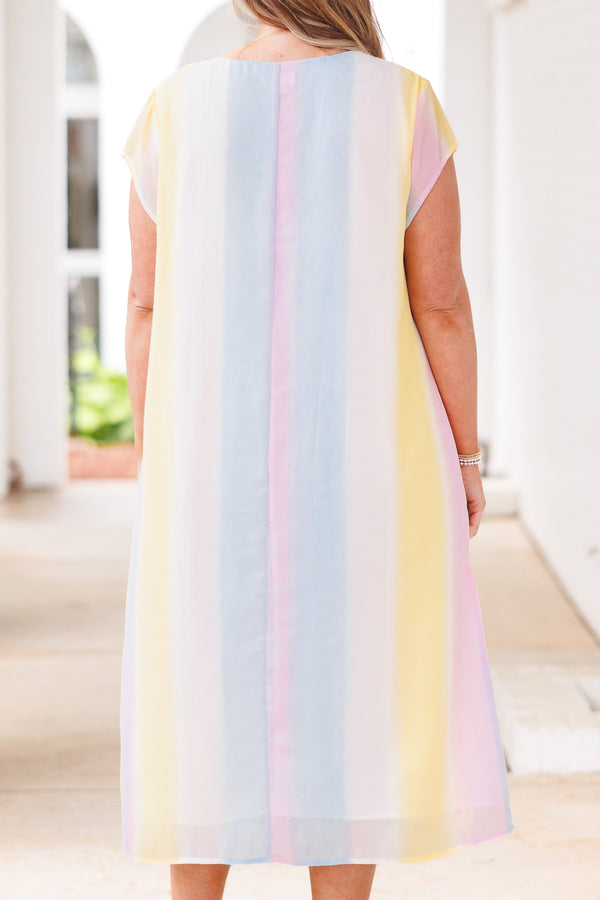 Chic Soul plus size clothing, pastel multicolor striped midi dress with a v neck