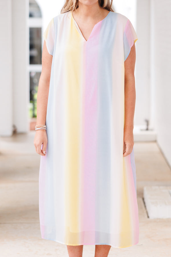 Chic Soul plus size clothing, pastel multicolor striped midi dress with a v neck