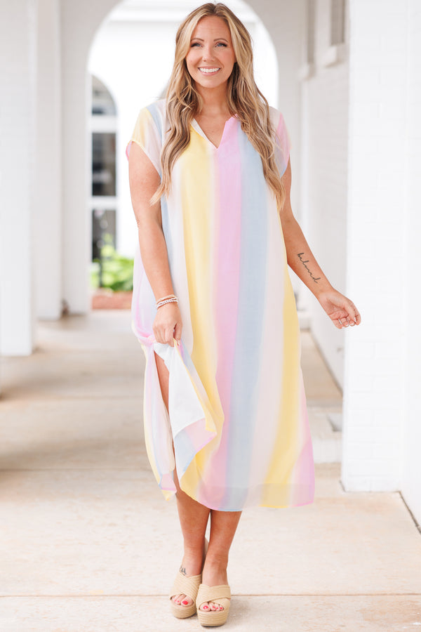 Chic Soul plus size clothing, pastel multicolor striped midi dress with a v neck
