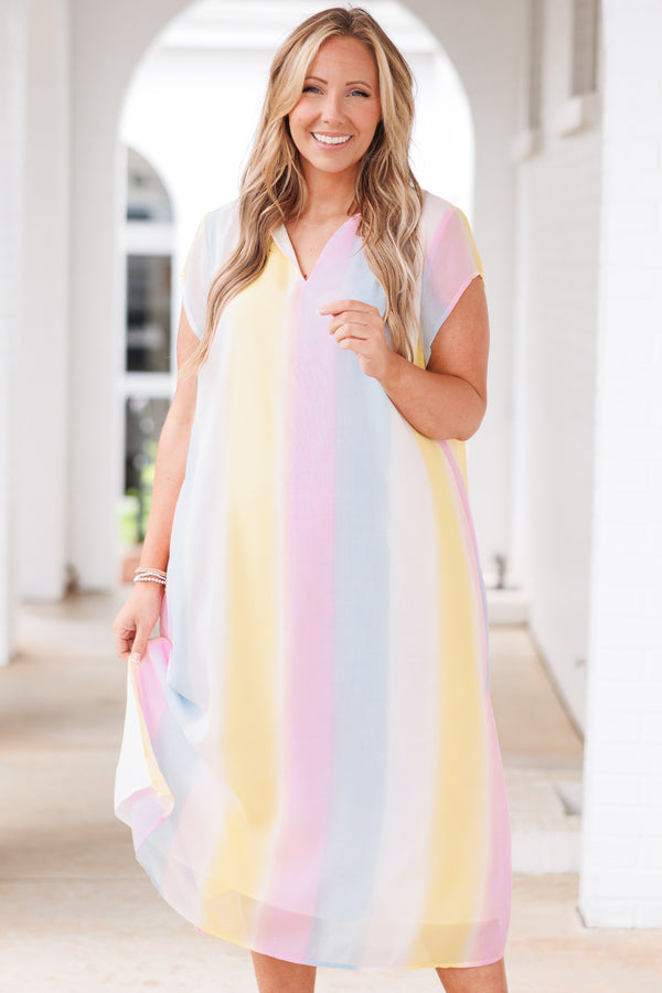 Chic Soul plus size clothing, pastel multicolor striped midi dress with a v neck