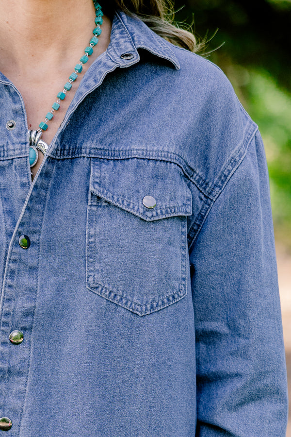 Chic Soul plus size clothing, denim long sleeve button down with 2 front pockets