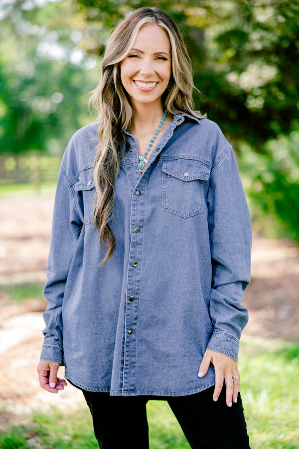 Chic Soul plus size clothing, denim long sleeve button down with 2 front pockets