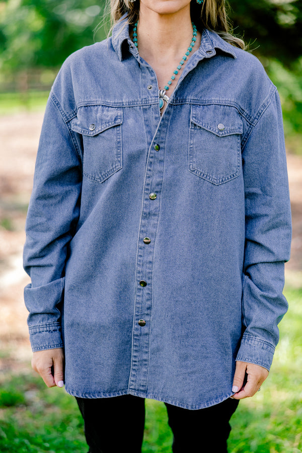 Chic Soul plus size clothing, denim long sleeve button down with 2 front pockets