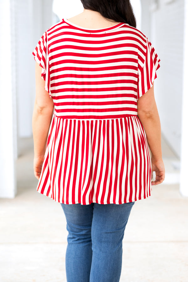 Chic Soul plus size clothing, red and ivory striped babydoll style top with flutter sleeves