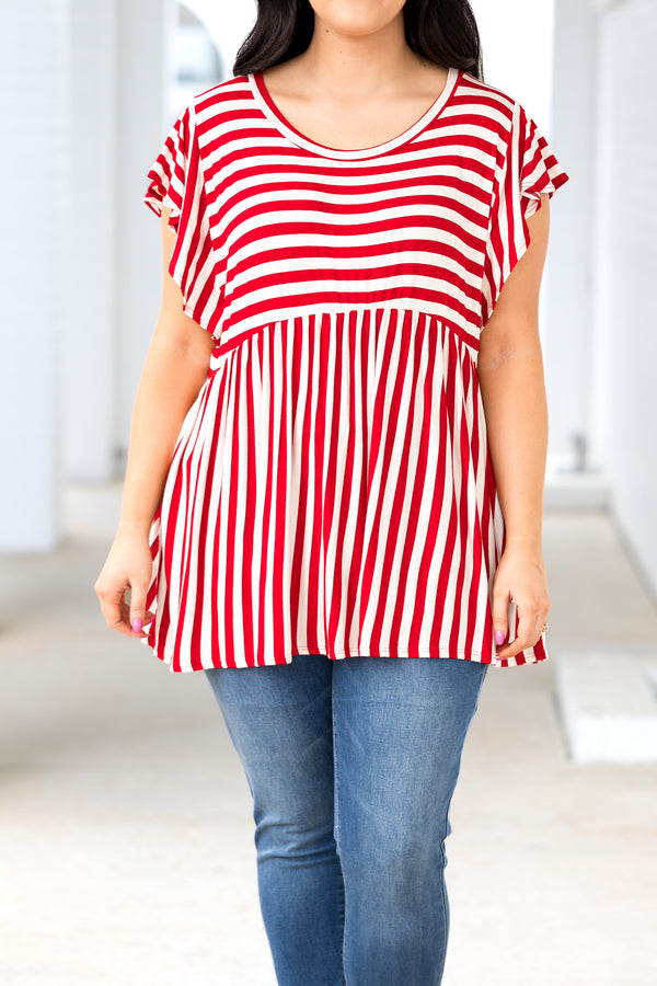 Chic Soul plus size clothing, red and ivory striped babydoll style top with flutter sleeves