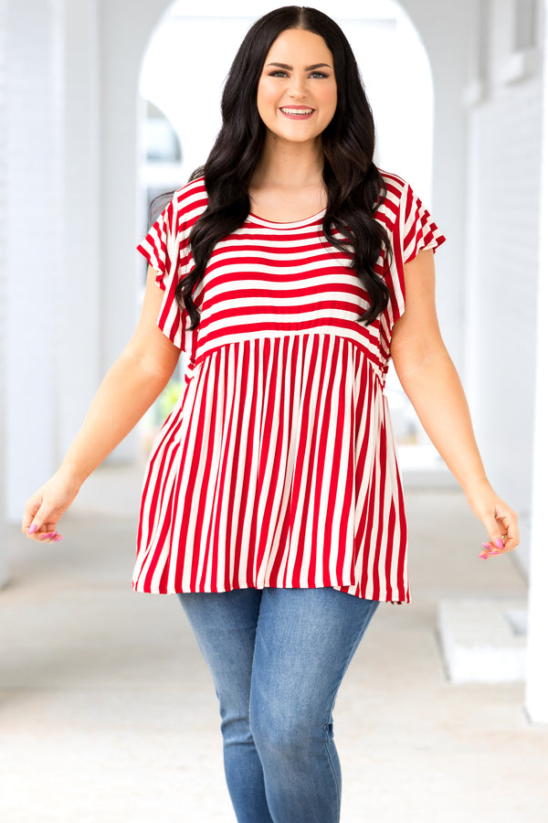 Chic Soul plus size clothing, red and ivory striped babydoll style top with flutter sleeves
