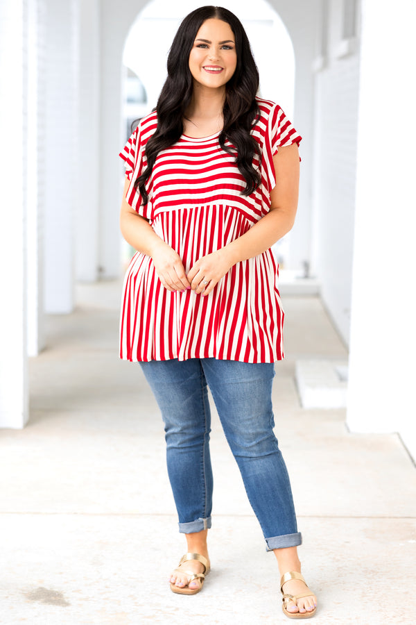 Chic Soul plus size clothing, red and ivory striped babydoll style top with flutter sleeves