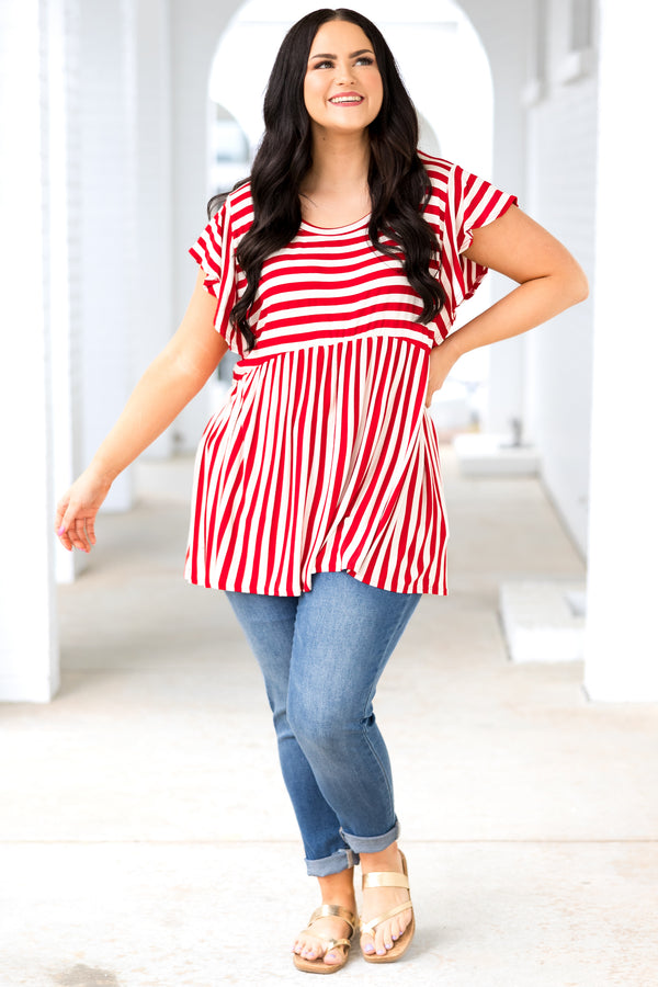 Chic Soul plus size clothing, red and ivory striped babydoll style top with flutter sleeves