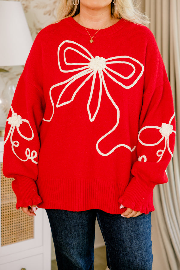 Chic Soul plus size clothing, red long sleeve sweater with frilly arm cuffs and three white bow outlines threaded into sweater